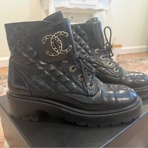 Chanel Black Quilted Leather Ankle Boots (CC Cap Toe Lace Up Combat Boots)